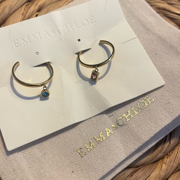 Emma & Chloe Divya Rings- 2 Gold Rings with Dangling Gems Trendy French NEW NWT - Picture 2 of 12